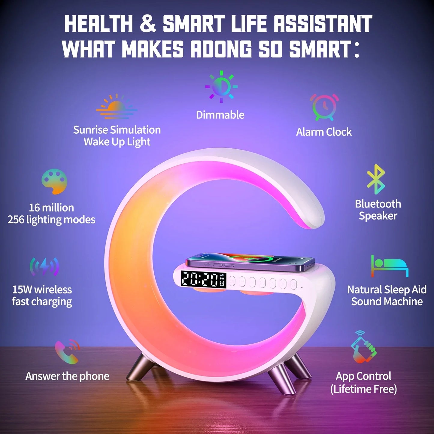Wireless Charging Smart Bluetooth Speaker Ambient Night Light RGB Wake-Up Atmosphere Light Music Rhythm Alarm Clock APP Control