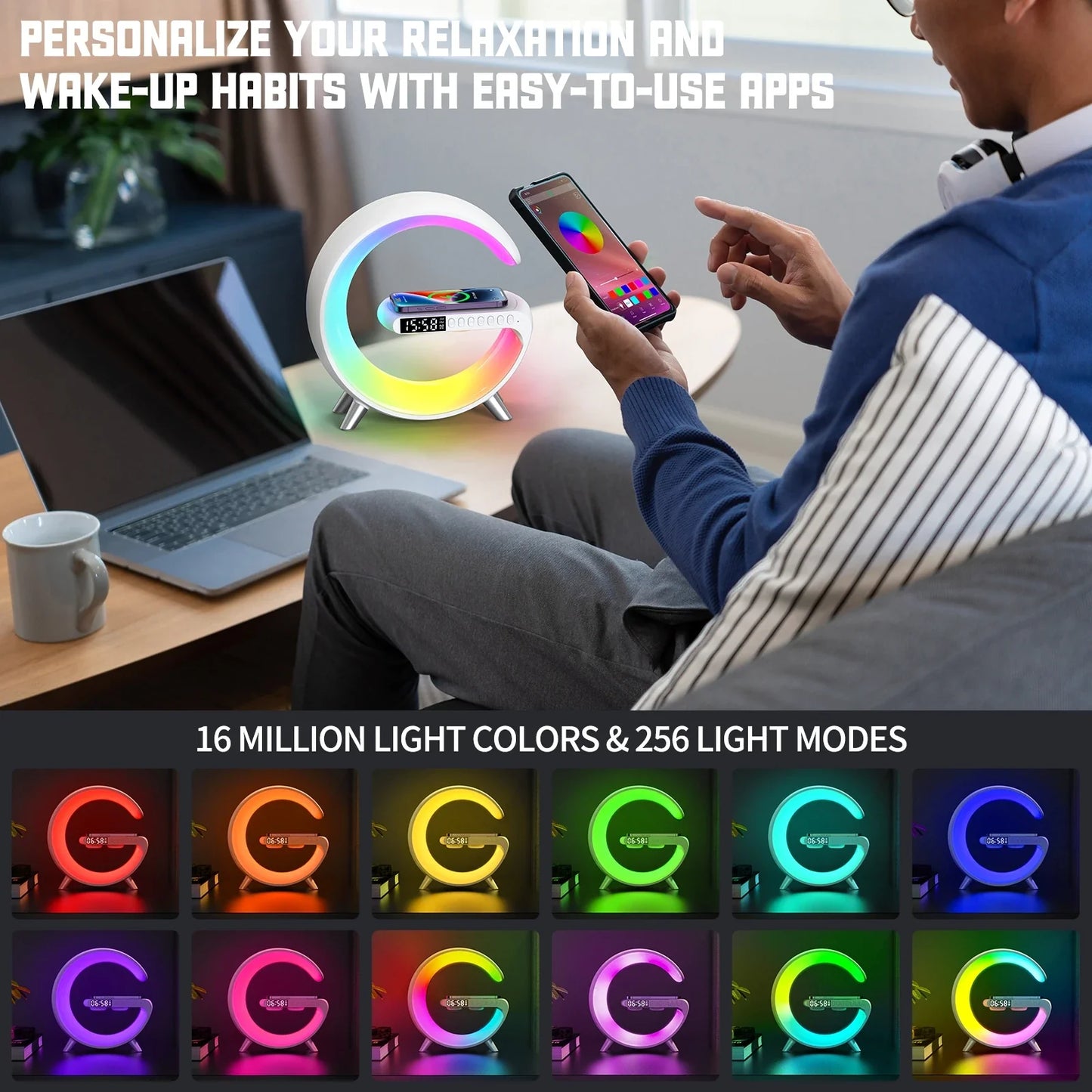Wireless Charging Smart Bluetooth Speaker Ambient Night Light RGB Wake-Up Atmosphere Light Music Rhythm Alarm Clock APP Control