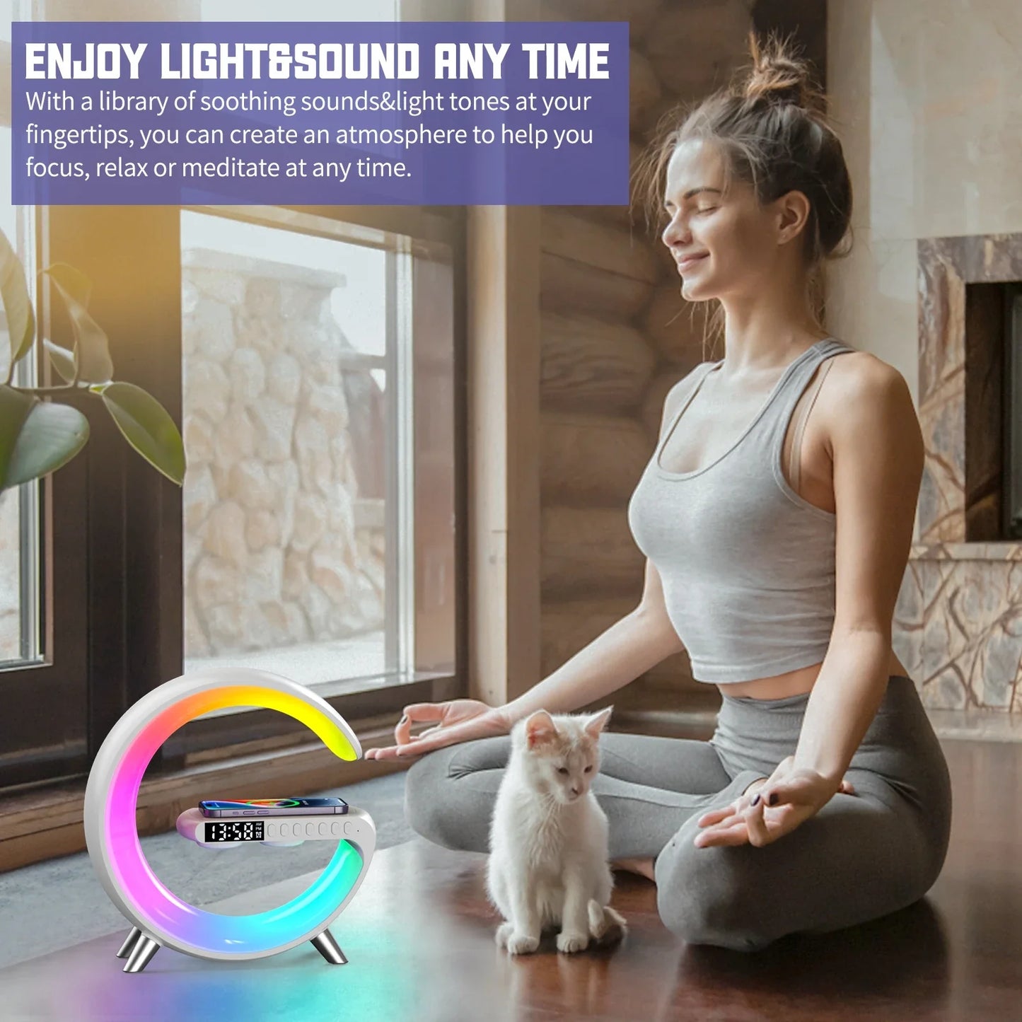 Wireless Charging Smart Bluetooth Speaker Ambient Night Light RGB Wake-Up Atmosphere Light Music Rhythm Alarm Clock APP Control