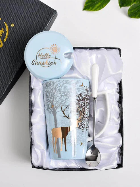 Ceramic Deer Mug With Lid And Spoon