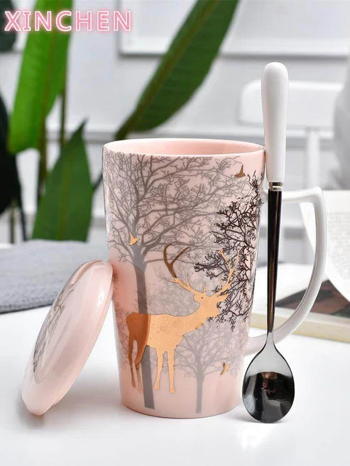 Ceramic Deer Mug With Lid And Spoon