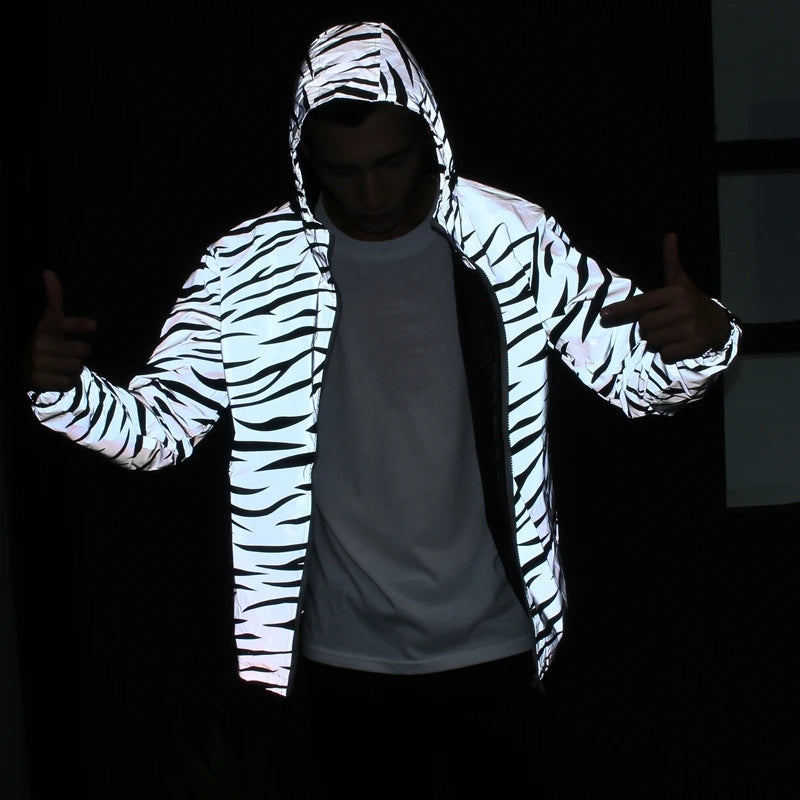 Leopard zebra reflective Night shining Hooded Windbreaker Jacket