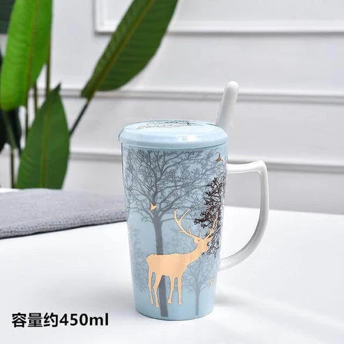 Ceramic Deer Mug With Lid And Spoon