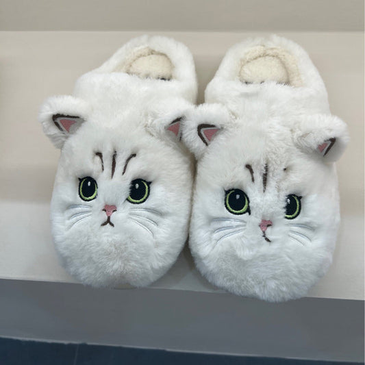 Unisex New Cotton Slippers Cute Cat face Fluffy Fur Slippers