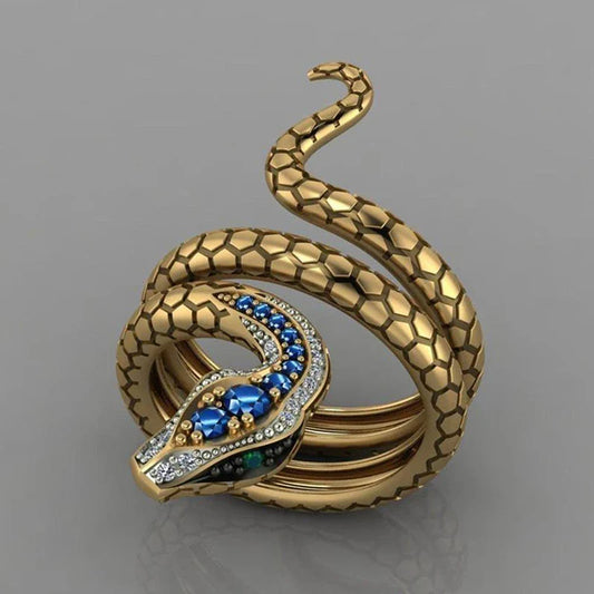 Charm Golden Snake Ring Blue Rhinestone Inlaid Snake