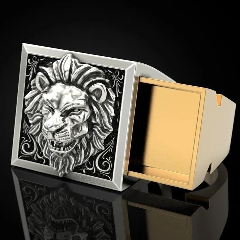 Fashion Punk Domineering Lion Head Men's Ring Creative Invisible Box Storage