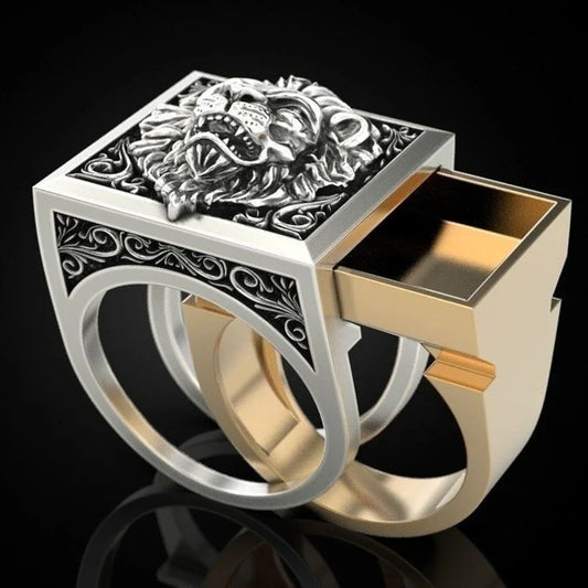 Fashion Punk Domineering Lion Head Men's Ring Creative Invisible Box Storage