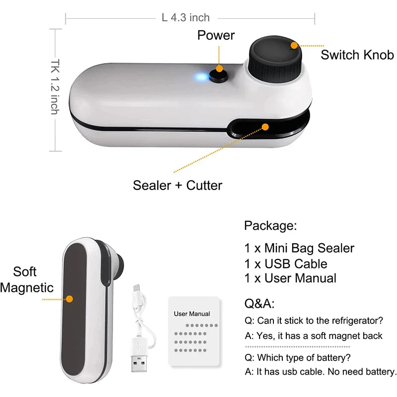 Mini Bag Sealer 2 in 1 USB Rechargeable Heat Sealer and Cutter