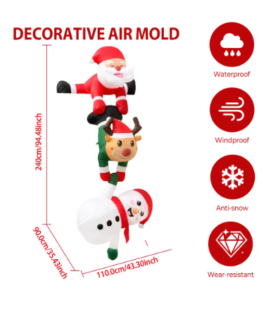 8FT Inflatable Christmas Climbing Santa Claus with Reindeer & Snowman, Built-in LED