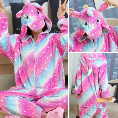 Women Cute Panda Bear Zebra Cartoon Onesies Kigurumi Unisex Autumn Winter Anime Costumes Adults Kids Flannel Sleepwear Pajamas