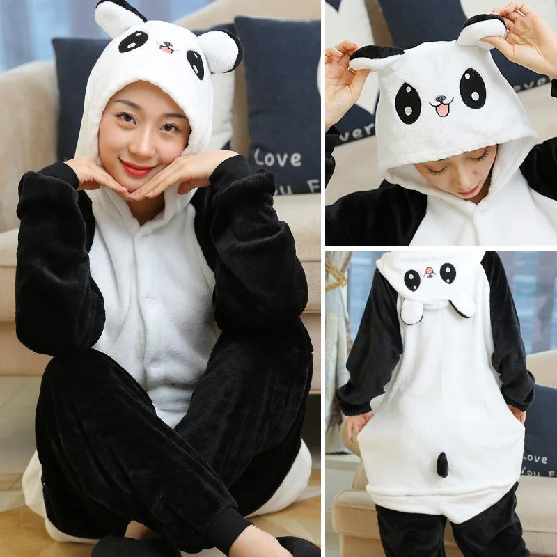 Women Cute Panda Bear Zebra Cartoon Onesies Kigurumi Unisex Autumn Winter Anime Costumes Adults Kids Flannel Sleepwear Pajamas