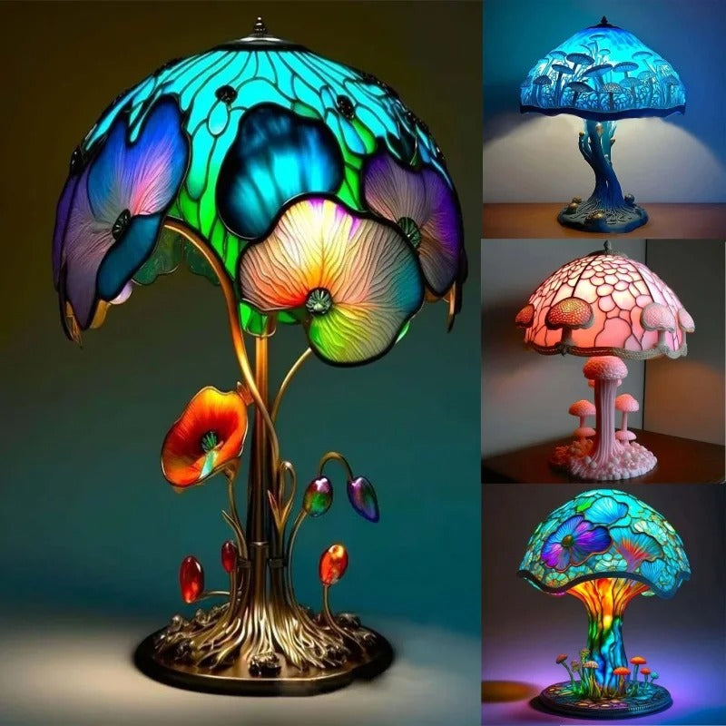 Whimsical Mushroom Garden Stained Glass Lamp