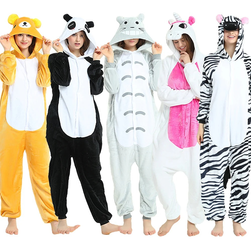 Women Cute Panda Bear Zebra Cartoon Onesies Kigurumi Unisex Autumn Winter Anime Costumes Adults Kids Flannel Sleepwear Pajamas