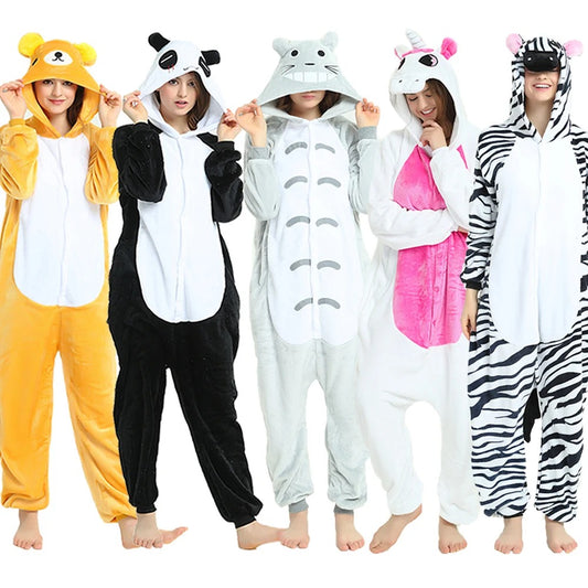 Women Cute Panda Bear Zebra Cartoon Onesies Kigurumi Unisex Autumn Winter Anime Costumes Adults Kids Flannel Sleepwear Pajamas