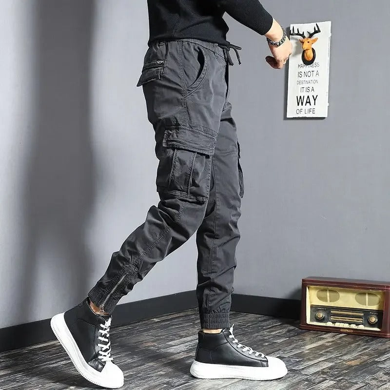 Grey Cargo Pants for Men Slim Biker