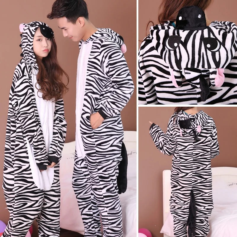 Women Cute Panda Bear Zebra Cartoon Onesies Kigurumi Unisex Autumn Winter Anime Costumes Adults Kids Flannel Sleepwear Pajamas