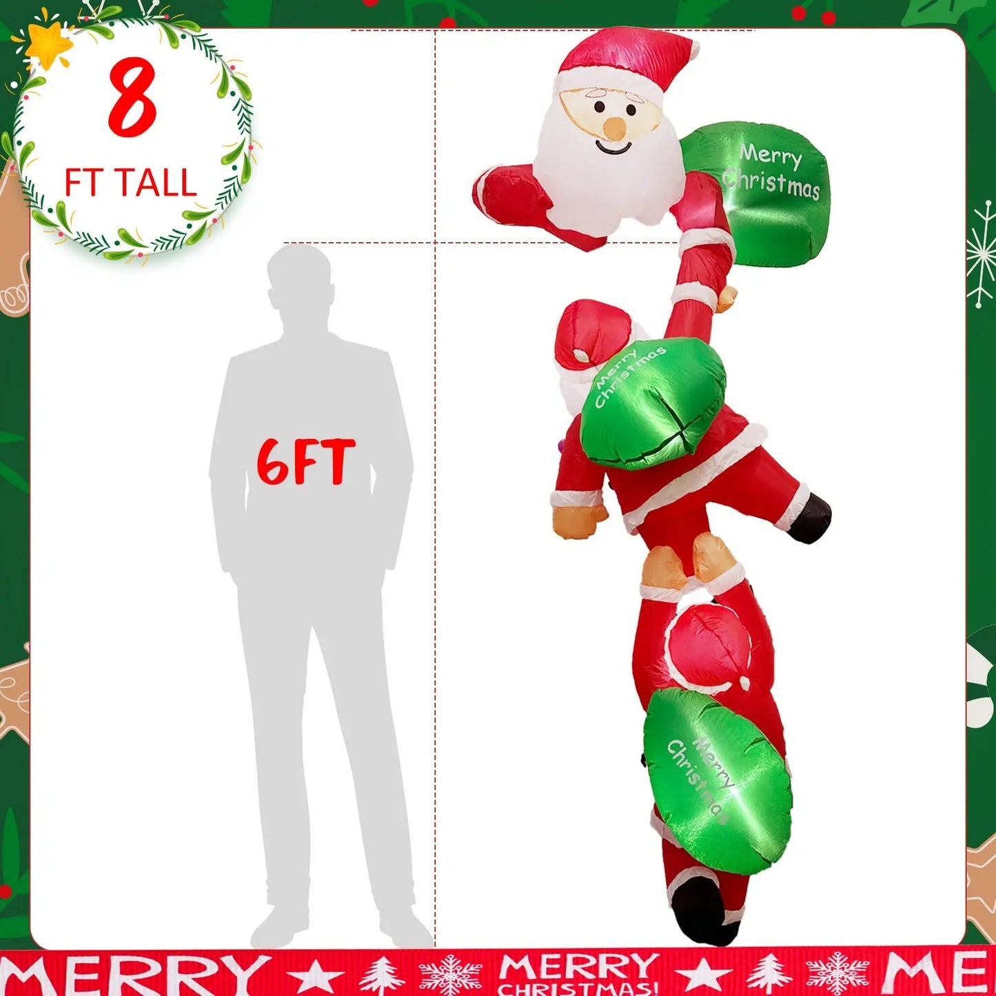 8FT Christmas Climbing Santas Christmas Blow Up with Build-in LEDs