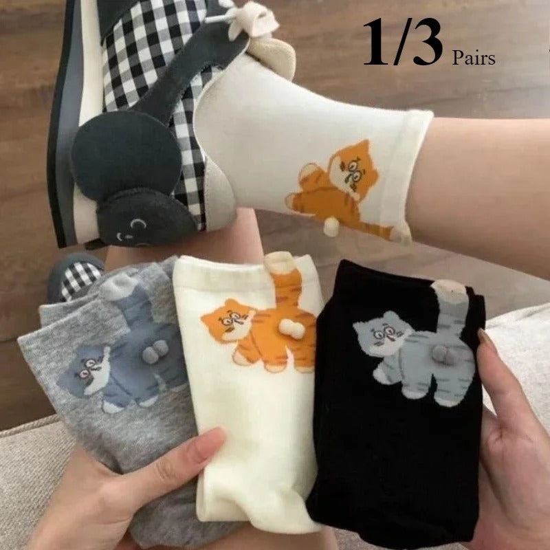 Three-Dimensional Cat Printed Mid Tube Socks