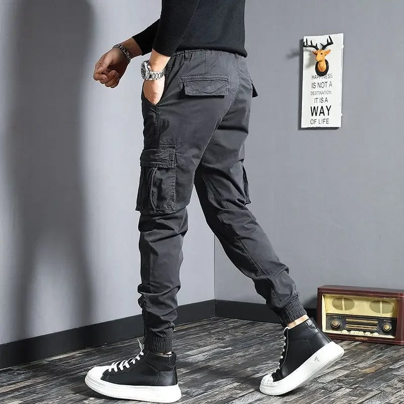 Grey Cargo Pants for Men Slim Biker