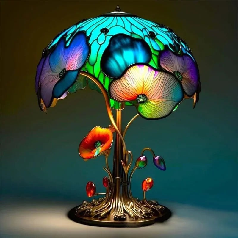 Whimsical Mushroom Garden Stained Glass Lamp