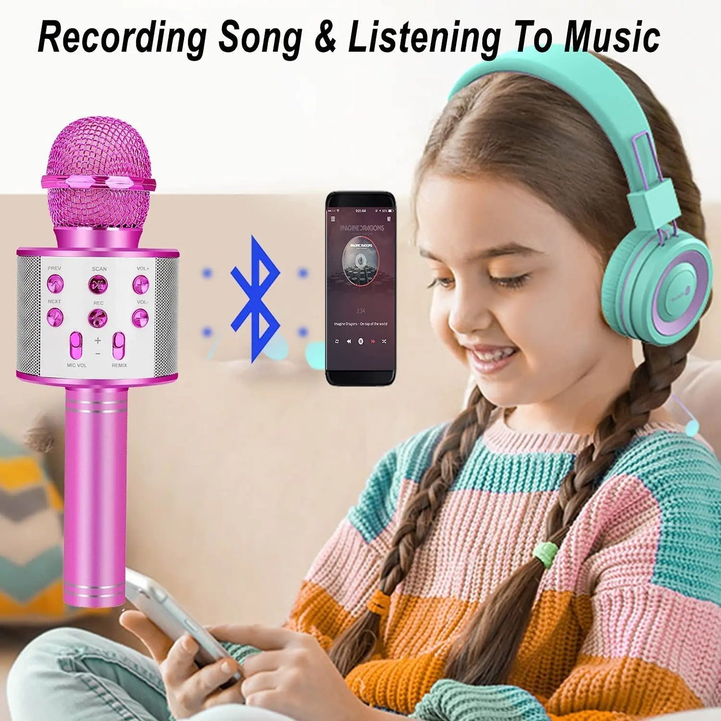 ZK20 Karaoke Microphone for Kids Singing 5in1 Wireless Microphone with LED Lights