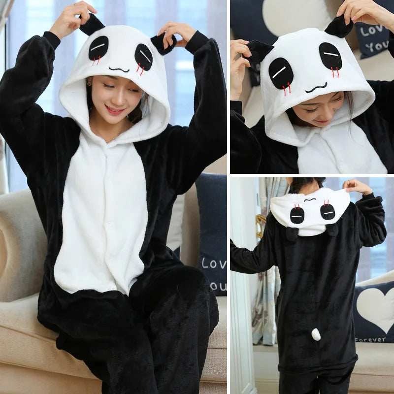 Women Cute Panda Bear Zebra Cartoon Onesies Kigurumi Unisex Autumn Winter Anime Costumes Adults Kids Flannel Sleepwear Pajamas