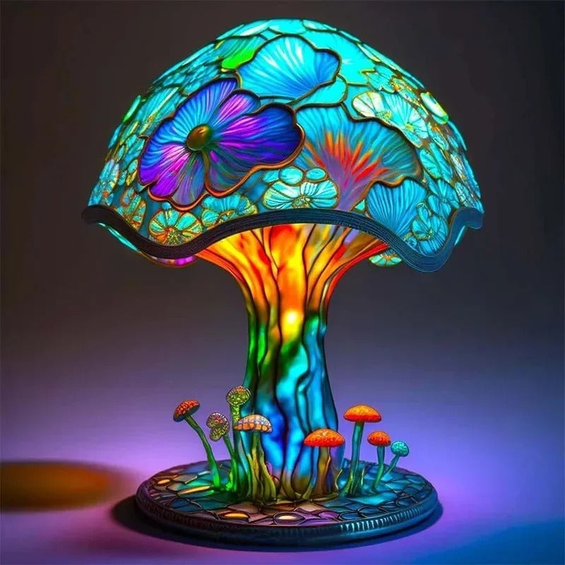 Whimsical Mushroom Garden Stained Glass Lamp