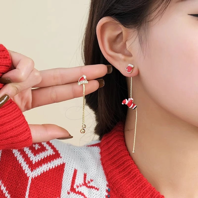 Asymmetric Snowflake Christmas Boot Hat Drop Earrings