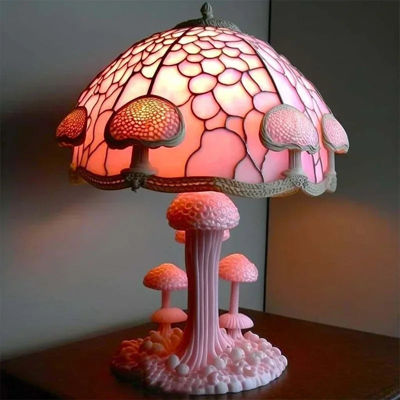 Whimsical Mushroom Garden Stained Glass Lamp