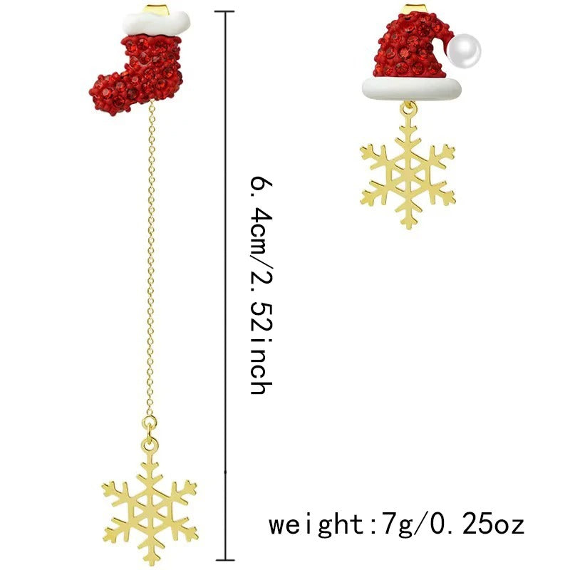 Asymmetric Snowflake Christmas Boot Hat Drop Earrings