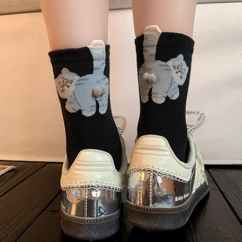 Three-Dimensional Cat Printed Mid Tube Socks