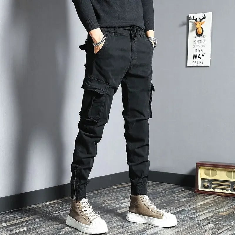 Grey Cargo Pants for Men Slim Biker