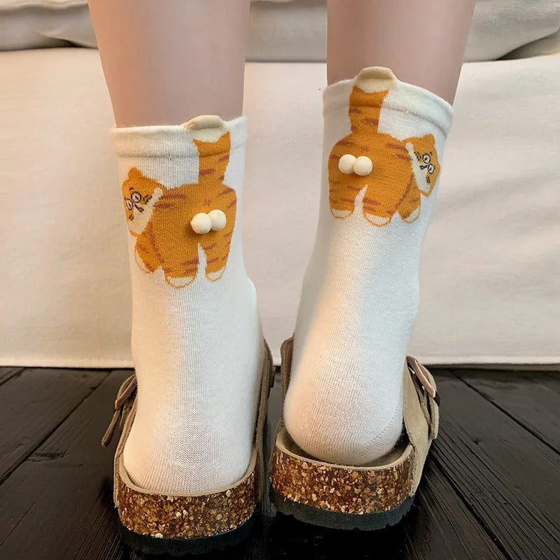 Three-Dimensional Cat Printed Mid Tube Socks