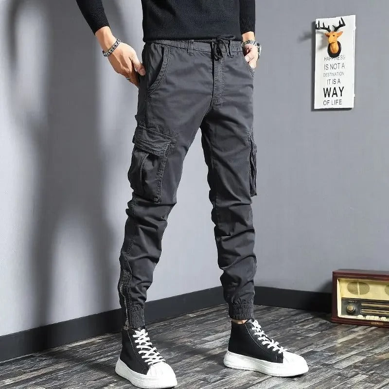 Grey Cargo Pants for Men Slim Biker