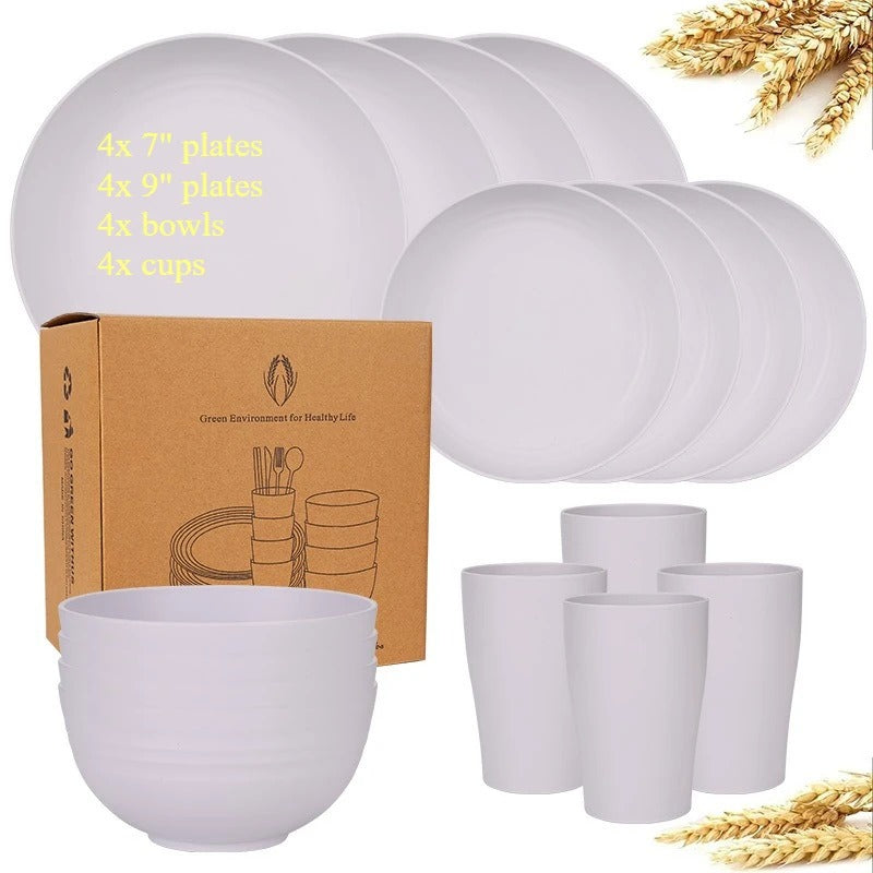 Dinnerware Sets Biodegradable Unbreakable Plates, Bowls, Cups Lightweight for Kitchen